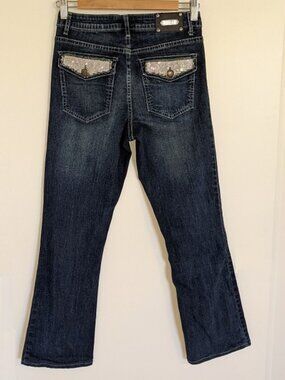 TRU LUXE Rhinestone Flap Pocket Bootcut Jeans, Stretch Dark Wash - size 4/27
